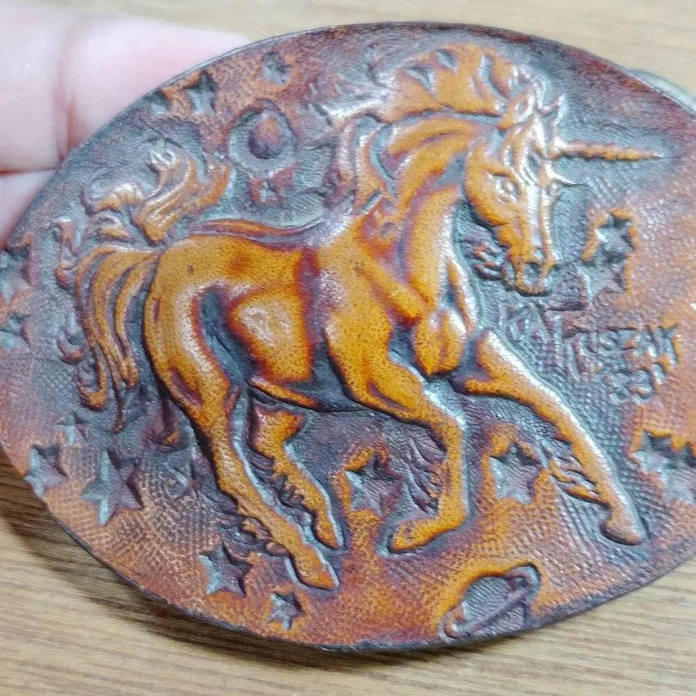 Vintage Leather Unicorn Belt Buckle Oval Carved Margical Mythical SIGNED 1983